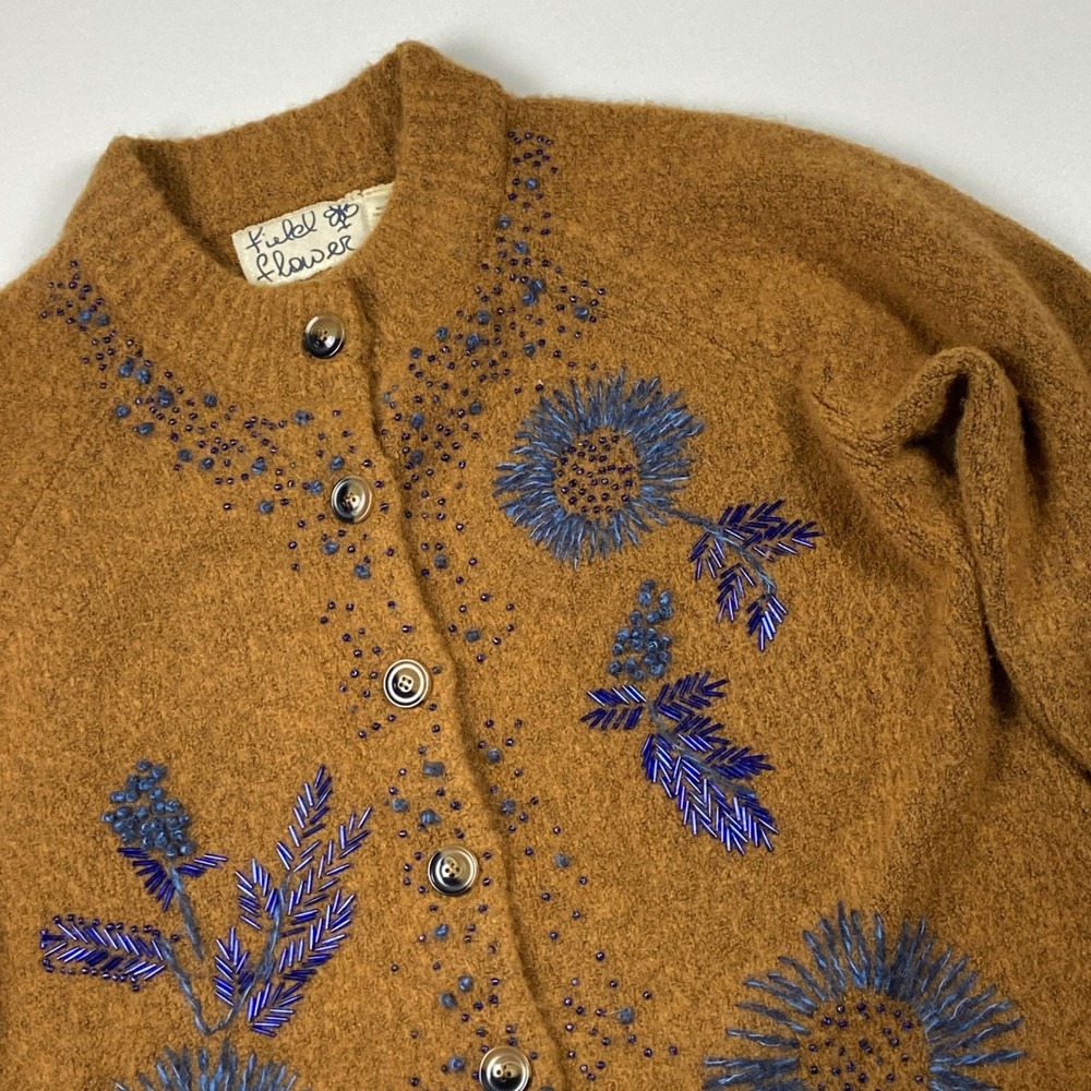 Anthropologie Field Flower Goldengrove Beaded Floral Mohair Blend Cardigan Med